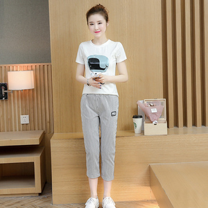 哺乳衣夏款时尚显瘦喂奶套装休闲七分裤两件套夏季外穿母乳上衣服