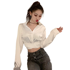 韩国女团舞蹈气质衬衫长袖交叉露脐短款衬衣性感jazz爵士舞演出服