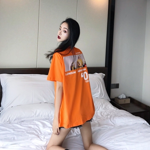 swag橙色t恤演出服舞蹈ins潮人上衣ulzzang字母印花嘻哈宽松短袖