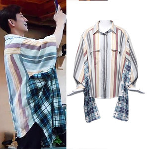 向往的生活何炅同款衬衫时尚个性条纹格子宽松蝙蝠袖夸张拼接上衣