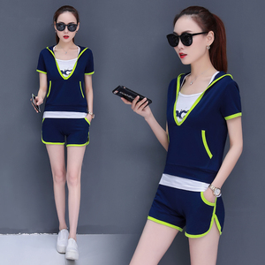 安迪达斯踏步运动套装女装夏季短袖户外跑步休闲服装短裤女三件套