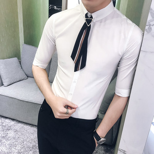 英伦酒店风2018型男韩版中袖七分袖衬衫条纹领带衬衣酒吧发型师