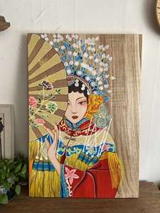 手绘漆画工艺壁饰挂画现代复古实木手绘戏剧京剧脸谱美女装饰挂件