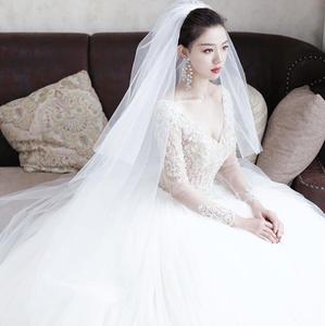 重工头纱亲爱的白头纱新长款新娘结婚拖尾素纱白色主婚纱拖尾蓬纱