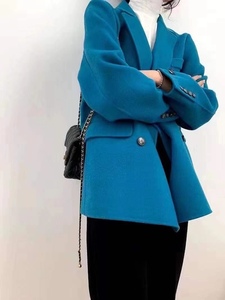 韩国东大门双面羊绒羊毛大衣  高级蓝短款西服 韩版 女式毛呢外套