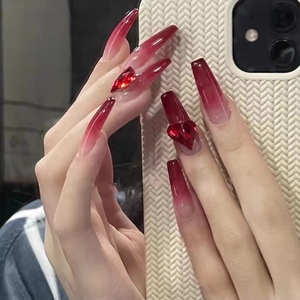 欧美长款梯形网红爆款爱心酒红色美甲贴假指甲贴片手工穿戴拆卸甲