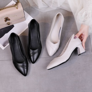 安妮娜女鞋秋季新款工装鞋全牛皮舒适粗跟米色黑色专柜正品253