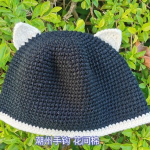 秋冬保暖猫耳朵纯手工钩花瓜皮帽大人儿童亲子包头编织钩针特色帽