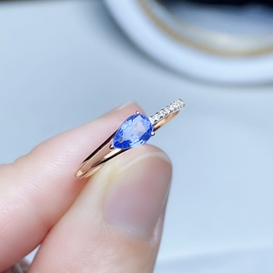 腾利 天然蓝宝石戒指女款18k金镶嵌钻石蓝色玫瑰金女戒水滴小清新
