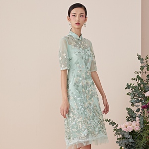 品玉pinyu女装折扣2021夏季新款重工刺绣连衣裙网纱中式旗袍裙子
