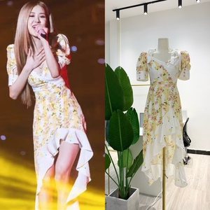 blackpink朴彩英rose同款方领黄色泡泡袖碎花连衣裙不规则裙子女