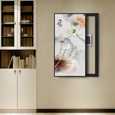 大尺寸可推拉巨画配电箱装饰竖长款幅电表箱遮挡画新式中荷花