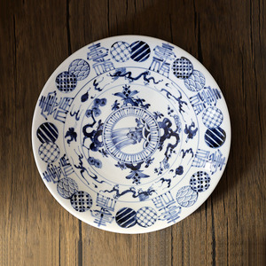 日本九谷烧手绘青花瓷超大圆形盘子鱼跃龙门吉祥菜盘子刺身大盘子