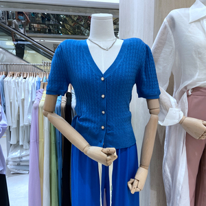 杜町韩版纯色v领单排扣薄款短袖针织衫女夏时尚洋气修身掐腰小衫