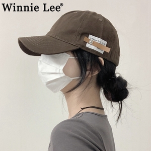 Winnie Lee复古英文小皮标鸭舌帽子女休闲咖啡色棒球帽男软顶夏季