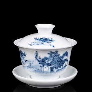 中式潮州市茶具零配件纯白盖碗青花陶瓷茶备二杯盖凹2.8英寸单个