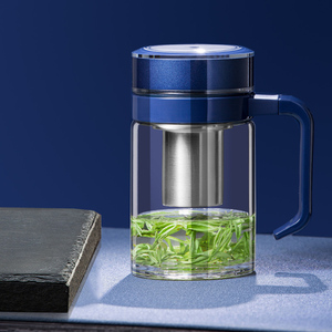 万象玻璃杯单层水杯冷热透明家用带滤网商务大容量杯子手柄茶杯