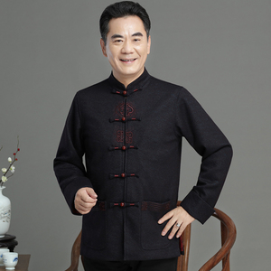 中老年人唐装男长袖盘扣上衣汉服爸爸爷爷老人衣服中国风秋季外套