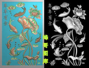 荷花鱼精雕图 年年有余挂屏精雕图 年年有余精雕图木门 屏风灰度