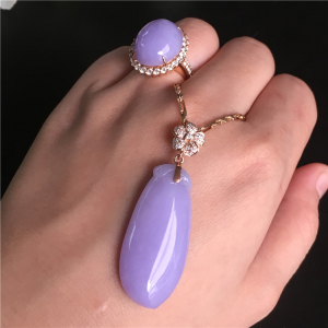 f)高品翡翠吊坠紫罗兰套装18k金镶福瓜项链戒指整套天然