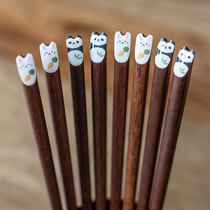 日本进口萌萌哒熊猫兔子造型实木筷子筷架家用日式尖头筷亲子筷
