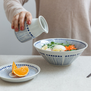 日本进口美浓烧苍十草手绘蓝白陶瓷碗家用日式饭碗拉面碗大碗汤碗