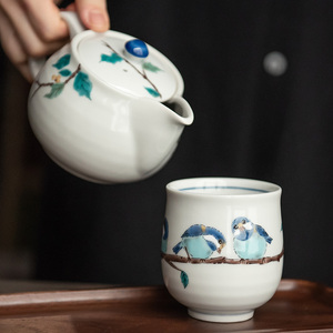 日本进口九谷烧彩绘陶瓷茶壶茶杯日式传统纹样绣眼鸟茶具带滤网