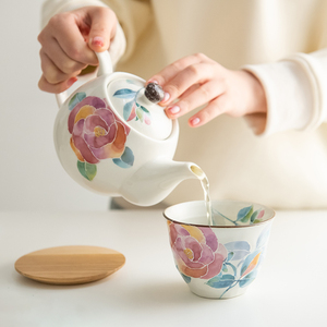 日本进口美浓烧水彩花朵陶瓷茶具礼盒茶杯茶壶下午茶套装节日送礼