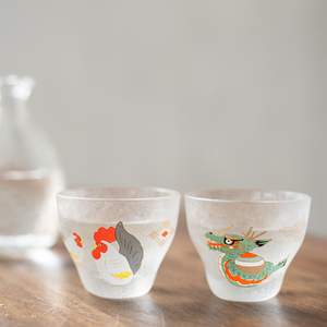 日本进口石塚硝子传统十二生肖磨砂印花手工玻璃杯手绘烧酒清酒杯