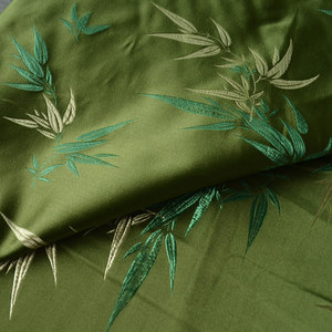 绿色竹叶织锦缎布料 雅致仿真丝绸缎面料 中式传统花纹旗袍唐装