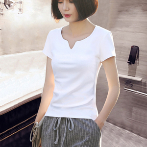 2024夏装新款白色短袖t恤女韩版小v领上衣女修身打底衫女内搭ins