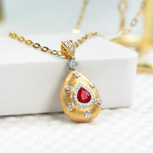 新星彩宝 天然鸽血红宝石水滴吊坠 18k黄金复古精致拉丝钻石项链