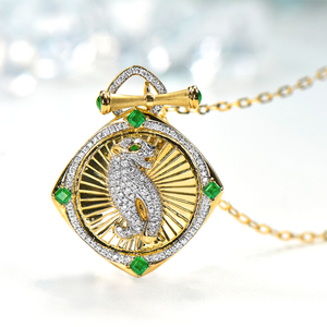 新星彩宝 18k黄金天然swat祖母绿项链 金钱豹金币钻石金币吊坠女