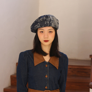 中国风繁花设计双色牛仔贝雷帽小众双拼复古画家帽南瓜帽蓓蕾帽女