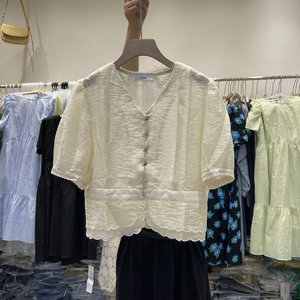 sicily韩版短袖衬衫女夏季新款修身v领小衫设计感小众别致上衣