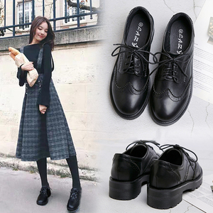 英伦风小皮鞋女2021新款夏春季黑色复古厚底单鞋女软皮系带布洛克