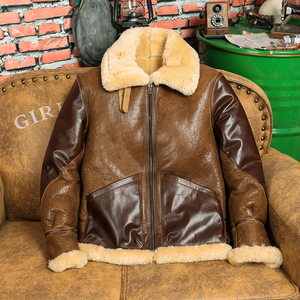 超厚原生态羊皮毛一体复古做旧B3飞行服夹克短款真皮皮衣冬季外套