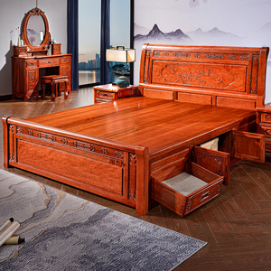 实木床1.8米双人床主卧金花梨木中式新古典菠萝格木家具红木大床
