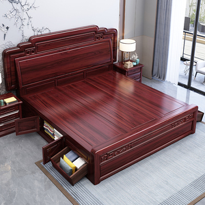 紫檀木红木床1.8米双人床新中式高档实木家具酸枝色菠萝格木大床