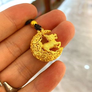 古法黄金麒麟奔月祥云吊坠