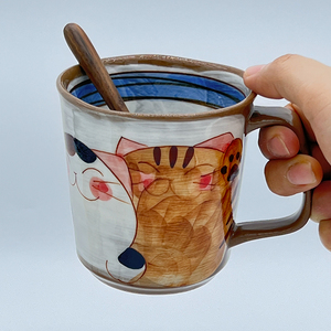 现货/日本进口 波佐见烧可爱福猫粗陶瓷马克杯 手绘釉下彩咖啡杯