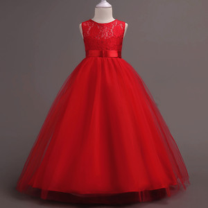 大红色儿童礼服主持人长裙礼服裙中大童长款连衣裙公主蕾丝演出服