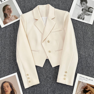 米白色超短款西装外套女2024年春季新款小个子设计感时尚百搭西服