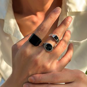 男士3件套黑色宝石戒指套装 欧美复古潮人个性小众设计指环组合