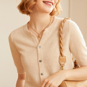 山羊绒100% 半开领纯羊绒衫女2021年早秋针织套头t恤纯色毛衣短袖