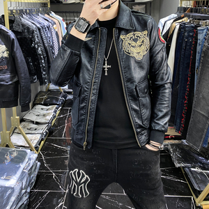 古奇古驰翻领皮衣男士2020秋冬装潮流修身老虎头刺绣时尚休闲外套