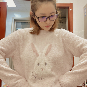 秋冬加厚可爱小兔叽软绵绵睡衣居家服猫咪珊瑚绒卡通保暖套装套头
