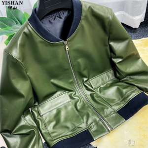 伊山军绿色真皮皮衣男绵羊皮短款修身棒球服皮夹克休闲春秋款外套