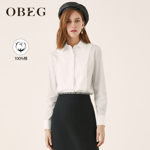 OBEG欧碧倩白色条纹衬衫女春季新款时尚拼接全棉通勤衬衣10