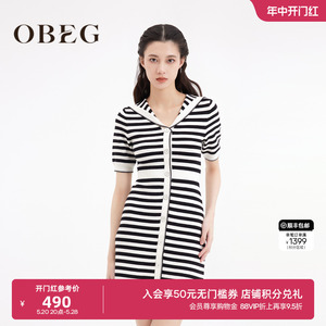 OBEG欧碧倩春夏新款学院风设计感时尚条纹收腰针织连衣裙50461531